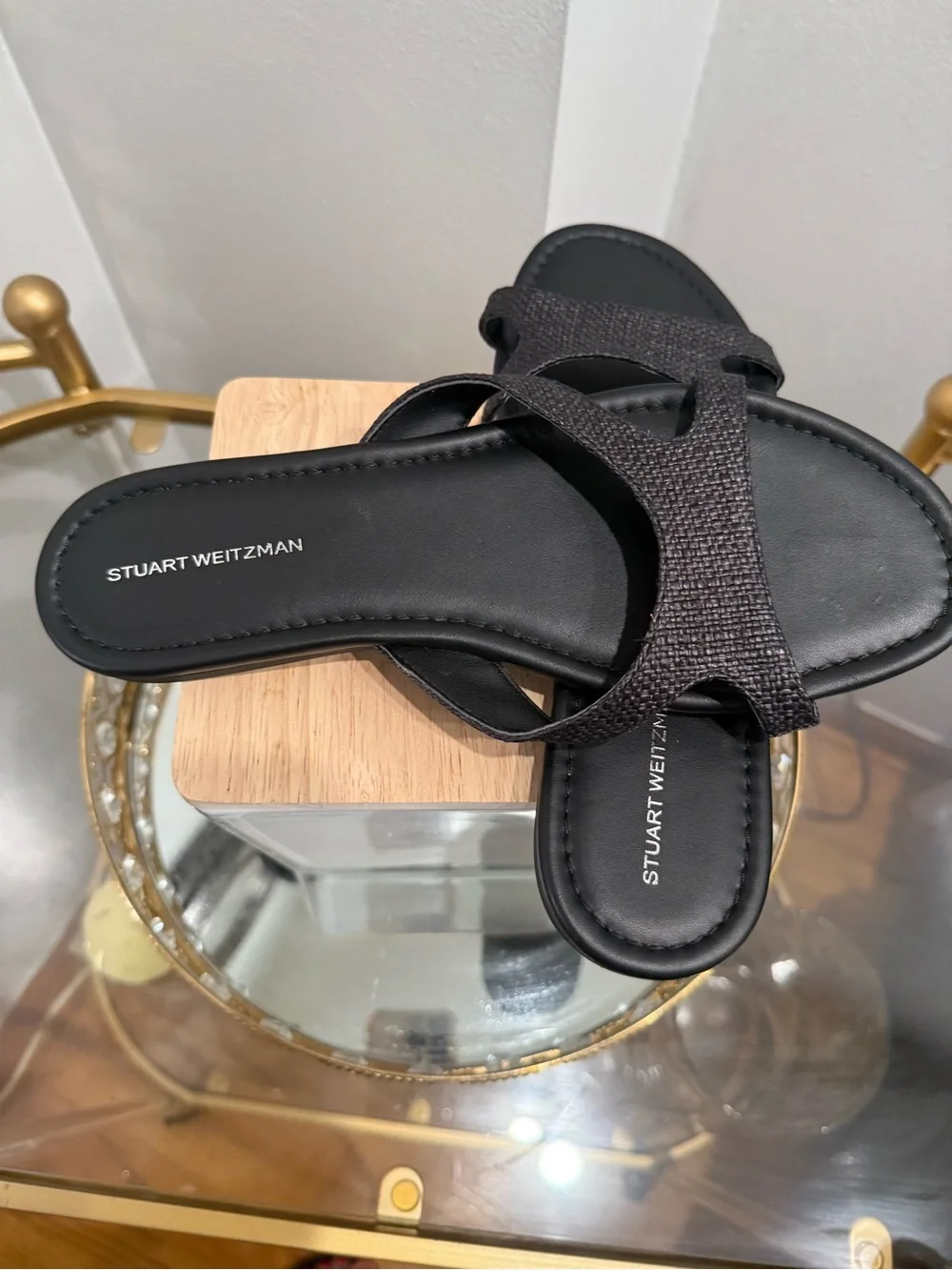 Stuart Weitzman Black Textured Cross-Strap Slide Sandals